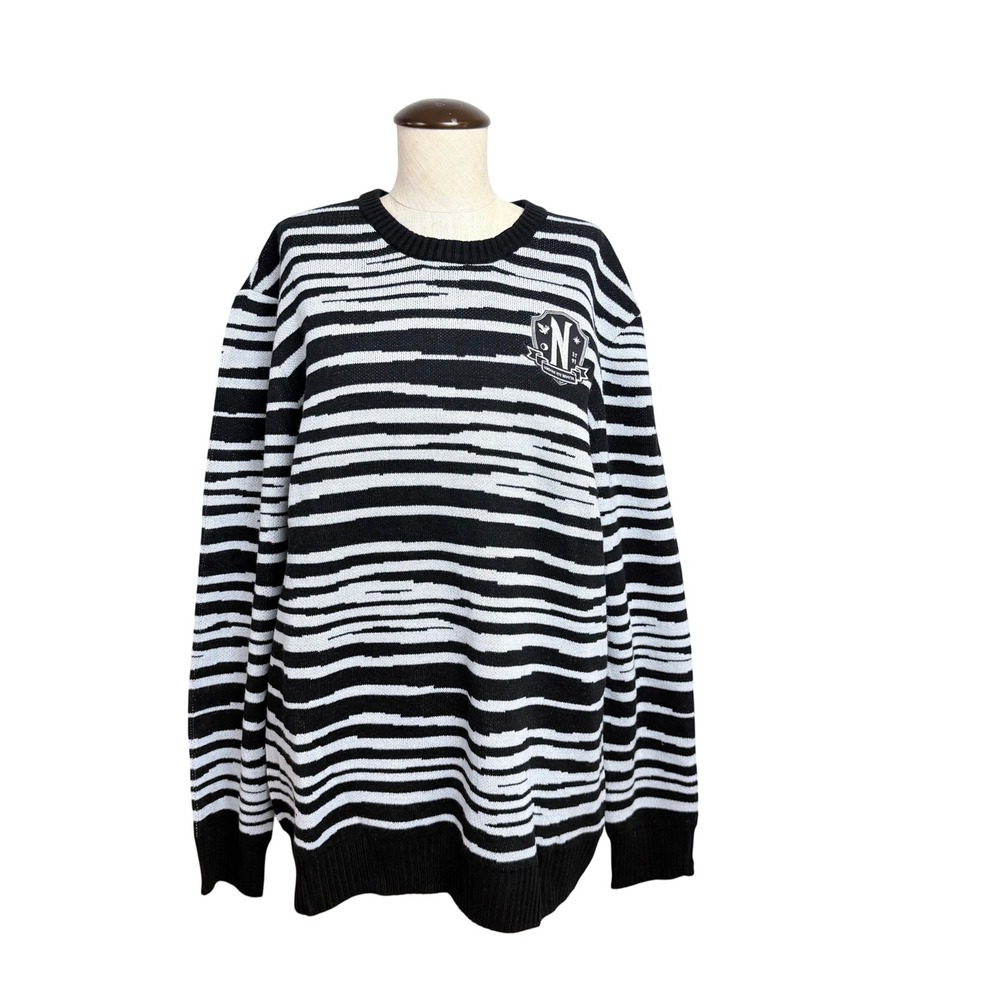 Wednesday Pugsley Intarsia Sweater Black White Striped Nevermore Crest LG NWT